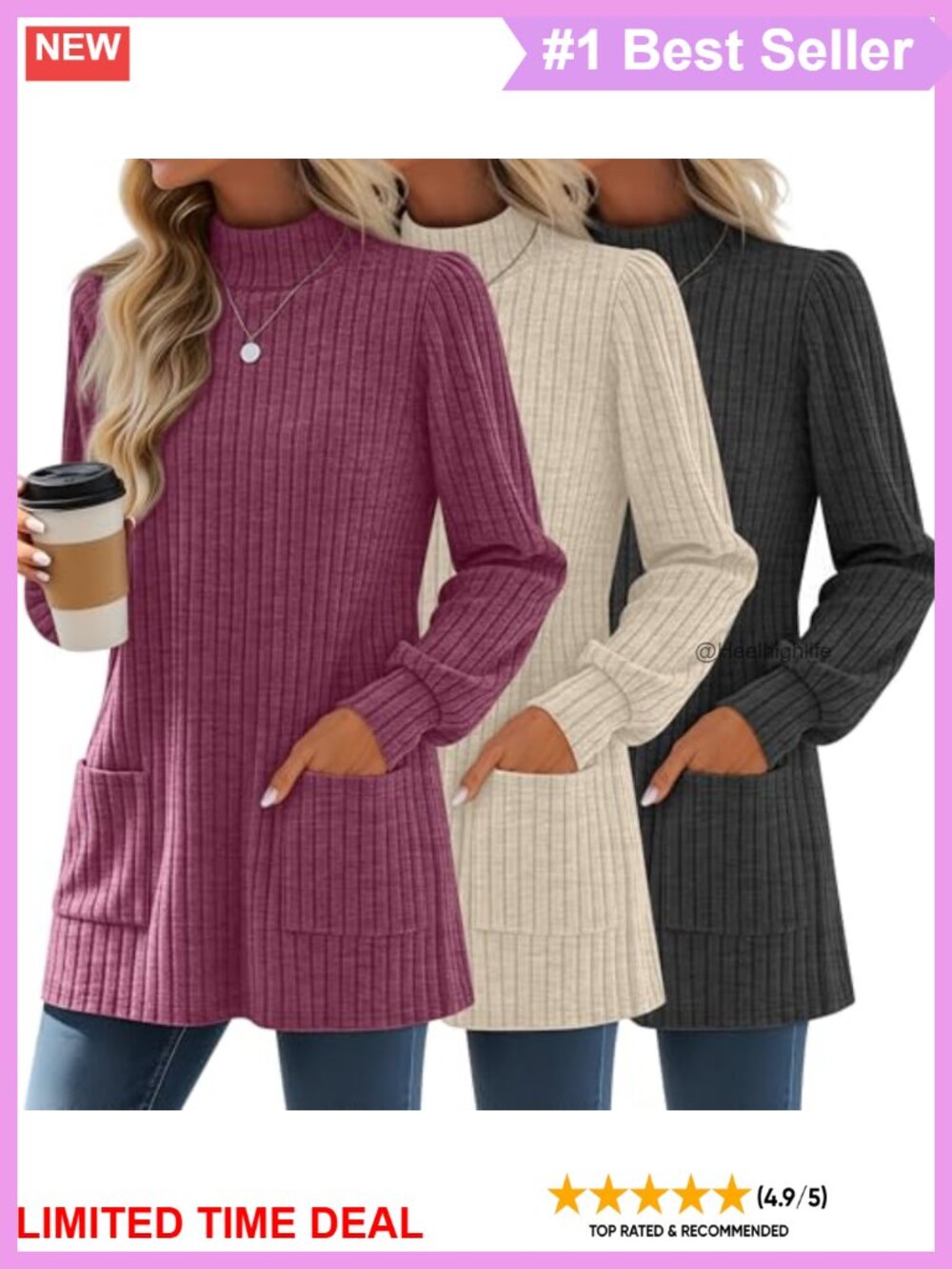 Mock Neck Tunic Sweater 3 Pack Long Sleeve Pullover with Pockets